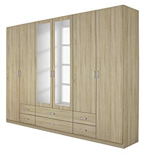 Rauch Möbel Gamma Schrank Drehtürenschrank Kleiderschrank in Eiche Sonoma, Holz, Spiegel 6-türig, 6 Schubladen, inklusive Zubehörpaket Basic 3 Kleiderstangen, 3 Einlegeböden BxHxT 271 x 210 x 54 cm