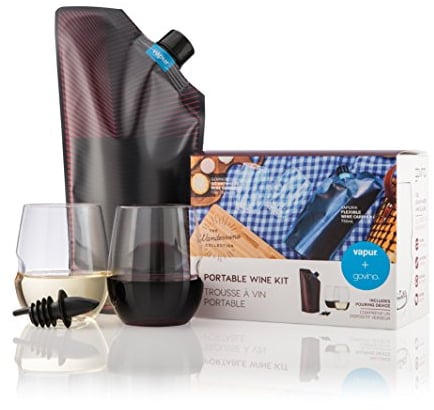 Vapur Zusammenklappbares tragbares Wein-Set, enthält diskreten, faltbaren 750 ml Weinträger mit Ausgießer und 2 leichten, bruchsicheren Weingläsern, Kastanienbraun