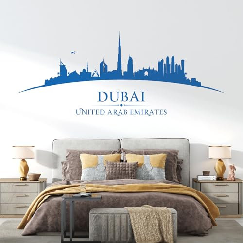 Dubai United Arabische Emirates City Skyline – Burj Khalifa, Burj Al Arab, Deira Uhrenturm – Schlafzimmer Wohnzimmer Wandkunst Aufkleber [Marina]