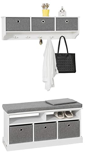 SoBuy Wandgarderobe-Set Flurset Flurmöbel Schuhbank mit Sitzfläche Flurgarderobe, weiß und grau FSR67-HG+ FRG282-W