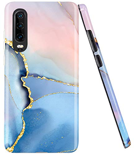 JAHOLAN Huawei P30 Hülle Handyhülle TPU Silikon Weiche Schlank Schutzhülle Handytasche Flexibel Case Handy Hülle für Huawei P30 - Marmor Gold Glitter Sparkle Blue