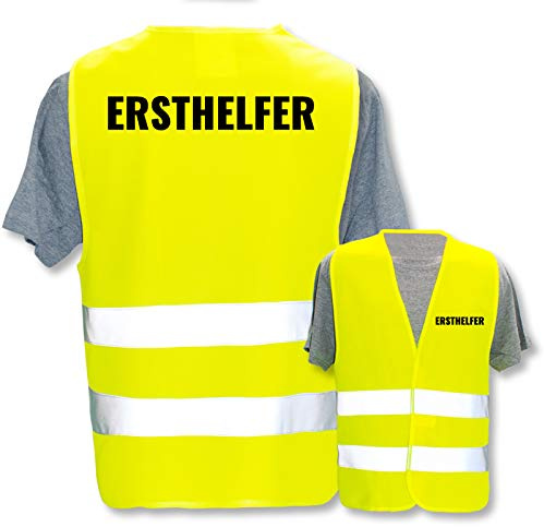Bedruckte Warnwesten mit ISO-Leuchtstreifen * Standard- oder Reflex-Druck * Erste Hilfe und Brandschutz * Begriff: Ersthelfer * Farbe (Größe): Gelb (XL/XXL)