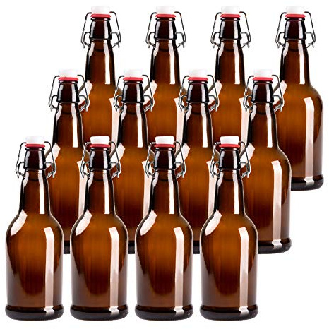 Barcaloo 16oz Amber Glass Beer Bottles for Home Brewing - 12 Pack with Flip Caps - Family Owned American Brand