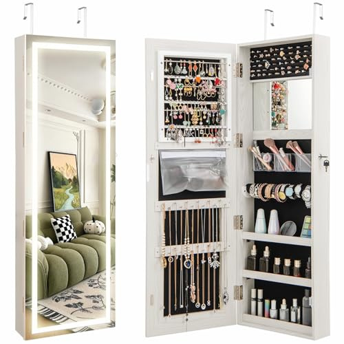 CHARMAID Jewelry Cabinet with LED Touch Screen Mirror, 47.5'' Wall/Door Mounted Jewelry Armoire with Full Length Mirror, Large Storage, Lockable Jewelry Organizer Armoire (Grayish White)