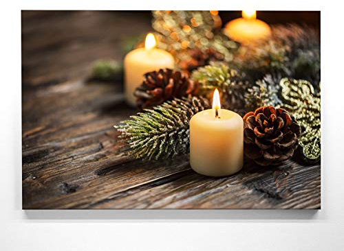 BilderKing Weinachts-Bilder Kerzen - als 90x60cm großes Leinwand Wandbild. Perfekt als Hintergrund und Dekoration zu Weihnachten für Wohnzimmer & Schlafzimmer. Aufgespannt auf 2cm Holzrahmen