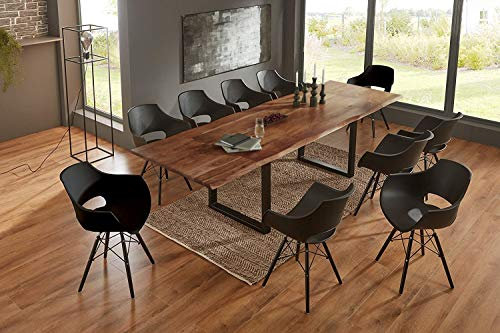 SAM 11tlg. 180 (280) x 90 cm Adina, Akazienholz nussbaumfarben & massiv, Baumkantentisch mit 2 Ansteckplatten, U-Gestell schwarz + 10x Schalenstuhl Lea schwarz