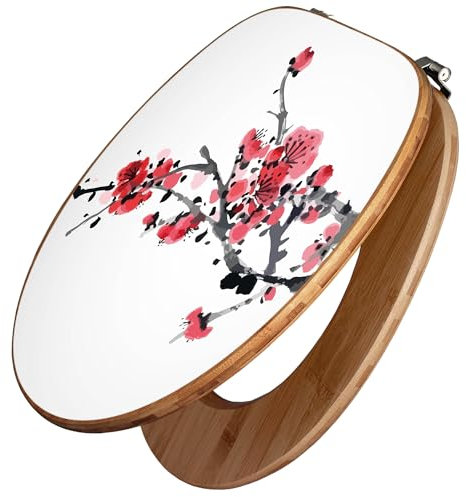 banjado Design WC Sitz Bambus 45x37,5cm / Toilettendeckel Holz/hochwertiger Toilettensitz/Bambus-Toilettendeckel für alle gängigen Toiletten - Japanische Blüten 2