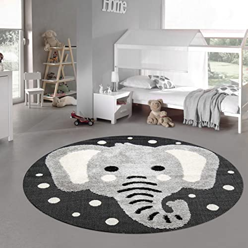 Teppich-Traum Kinderzimmer Teppich Baby Spielteppich 3D Optik High Low Effekt Elefant Creme grau schwarz, 200 cm rund