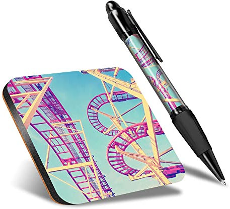 DV DESIGN 1 x Eco Square Coaster & 1 Pen Set - Vintage Rollercoaster Track Amusement Park Drink Cup Mug Glass Table Protection Mat #46404
