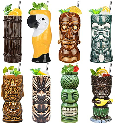 SuproBarware Juego de 8 vasos de cóctel Tiki de cerámica colorida, decoración de fiesta hawaiana para fiestas exóticas