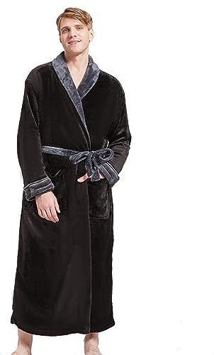 FashGudim Accappatoi Uomo Taglie Forti e Alte in Pile Morbido Lungo con Collo Scialle per Uomo Accappatoio da Bagno Caldo per Casa Invernale (Nero/Grigio, S/M)