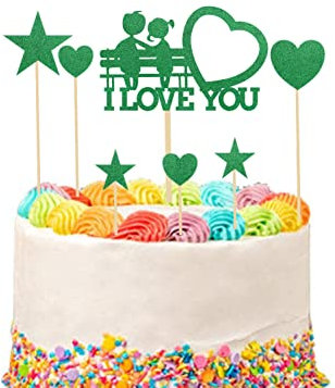 EKAM I Love You Cake Topper Decoration, Valentines Glitter Cake Topper, Wedding Anniversary Cute Couple Cake Topper - 400gsm Glitter Card (Green)