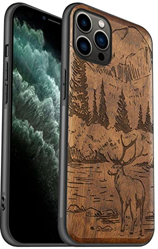 Carveit Handyhülle für iPhone 11 Pro Max Case [Holz und TPU Silikon Hybrid hülle] Stoßfeste Stoßstange handyhulle Kompatibel mit 11 Pro Max Massivholz Cover（Nussbaum-Berge und Hirsche）