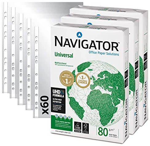 Packung mit 1500 Blatt Navigator Universal A4 80 g + 60 Hüllen aus Kunststoff für Folien, DIN A4 - Opituria (1500 Blatt + 60 Hüllen)