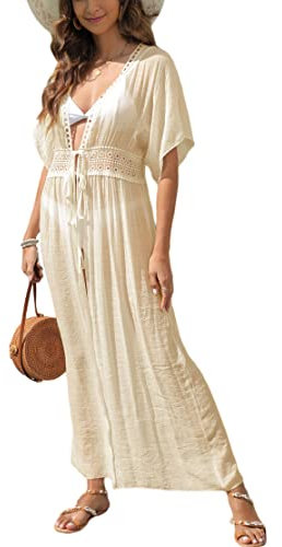 MIXIDON Damen Sommer Bikini Cover Up Maxi Strandkleid Boho Lang Leichte Strickjacke Beachwear Kimono Strand Cardigan, Beige, XXL