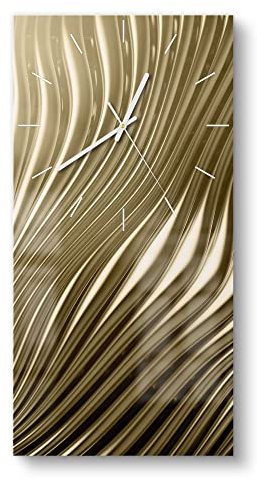 DEQORI Glasuhr | horizontal 30x60 cm | Motiv Goldenes Rillendesign | große XXL Design Uhr aus Glas | leise Wanduhr für Wohnzimmer & Küche | moderne Hingucker Uhr für die Wand