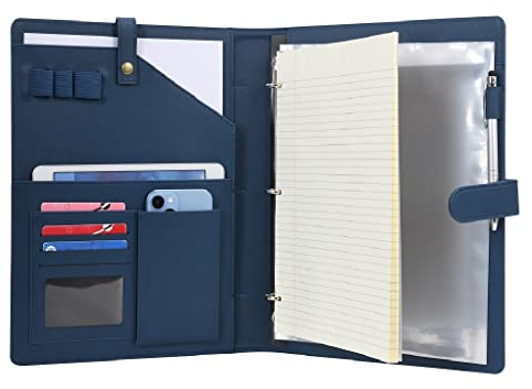 Wonderpool Porte-documents en Cuir A4 Padfolio Anneaux Planchettes à pince Classeur Ramovible avec Portebloc Notes et Organiseur Multi-poches pour Bureau Conférence Réunion et Travail (Bleu foncé)