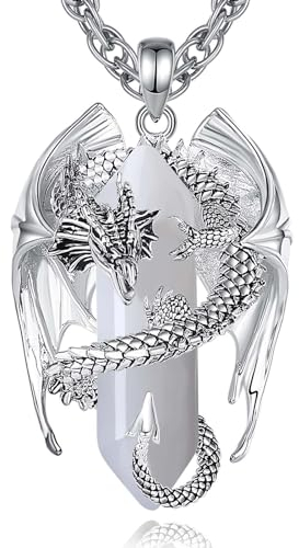 INFUSEU Drachen Kette, Kristall Halskette Nordischer Drache Eingewickelt Zylinder Edelstein Transparente Kristalle Vintage Anhänger Sechseckiger Heilkristall Geschenk für Männer Frauen