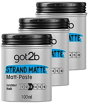 got2b Strand Matte Matt-Paste (100 ml), Styling Paste für matte Surfer Looks, zum Strubbeln, Texturieren oder Zähmen ohne Verkleben, mittlerer Halt, 3x 100 ml