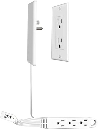 CABOCASA 3FT Flat Plug Extension Cord Power Strip 3 Outlets White Downward