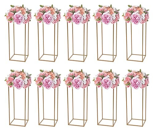 TouTToNG 10 Stück Gold Bodenvase Vase Säule, 60cm Hohe Metall Blumenständer Geometrische Rechteckige Vierkantrohre Blumenvasen für Hochzeit Tafelaufsätze