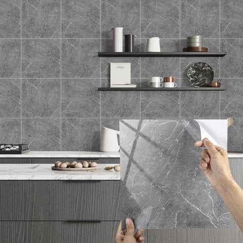 Alened Piastrelle adesive in marmo 50 pezzi/30 x 30 cm, piastrelle autoadesive da parete, impermeabili, grigie, piastrelle adesive per cucina, bagno, decorazione per la casa