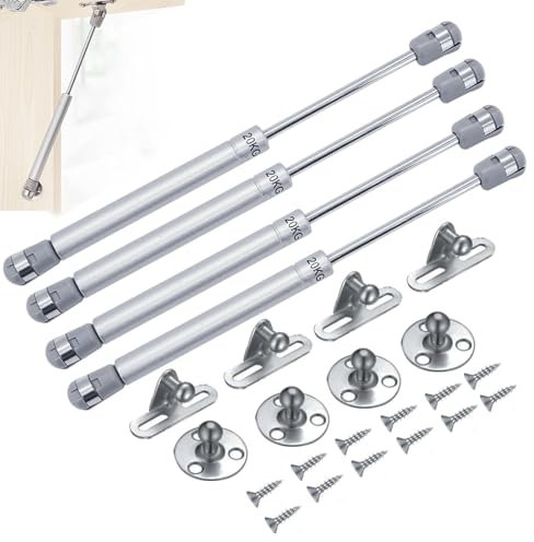 4 Pcs Gas Struts 200N, 20KG Gas Struts Heavy Duty Cabinet Door Hinges Gas Spring Strut Lift Stay Support Gas Strut for Kitchen Cupboard Wardrobe Cabinet Door, Silver
