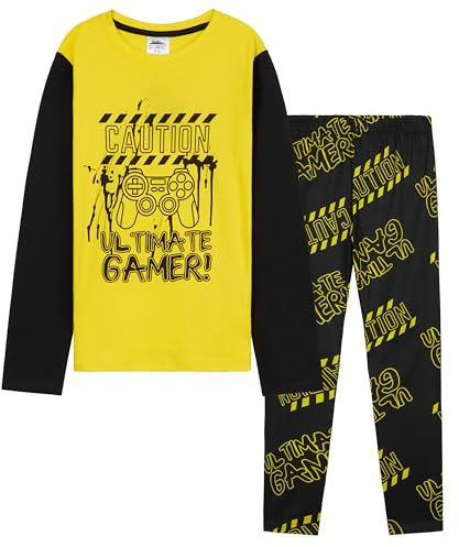 CityComfort Pijama Niño Manga Larga Invierno Pijamas Divertidos Niños Juvenil Chico Largo con Diseño Gaming Ropa de Dormir (7-8 Años, Negro/Amarillo Gaming)