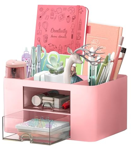 Schreibtisch Organizer 7 Fächer Stiftehalter Schreibtisch Tisch Büro Organizer mit Schublade Multifunktionaler Schreibtisch Organizer für Büro Zuhause Schule Platzsparendes Desk Organizer (Rosa)