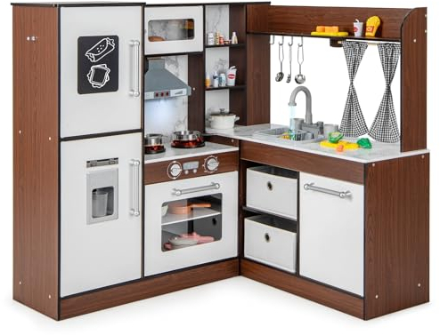 DREAMADE Kinderküche Holz mit 20 TLG. Spielzubehör, Kinder Küche Holzküche Eckküche mit Tafel Herd Spüle Backofen, Spielküche mit Licht und Sound für Kinder ab 3 Jahren