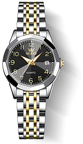 OLEVS Damen Uhr Gold Silber Edelstahlband Analoger Quarz Damenuhr Klassisches Luxus Schwarz Kleines Gesicht Arabische Ziffern Diamanten Uhr Damen Leuchtend Wasserdicht mit Datum Watches for Women