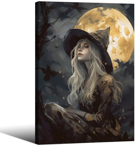 Ästhetisches Hexen-Poster, Okkulte dunkle Akademie, Leinwand, Wandkunst, Halloween, viktorianisch, Gothic, Wanddekoration, 61 x 91,4 cm, gerahmtes Hexenmädchen mit Monddruck