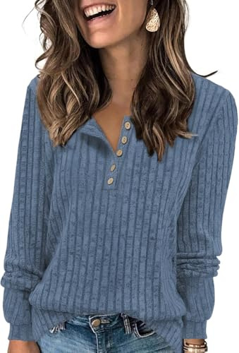 Tanmolo Damen Leichter Strickpullover Langarm Henley Tunika für Herbst | Weich Rippenstrick, Knöpfe-Henley-Design, Elegante Oberteile, Büro/Casual Langarmshirt, Lockere, Pflegeleicht, S-XXL