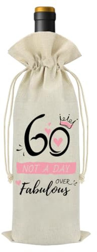 60th Birthday Gift for Women,Reusable Linen Jute Wine Bottle Bag with Drawstring,“60 and Fabulous” Design,Decorative Eco,Friendly Gift Wrap,Perfect Birthday Present for Her or Friend