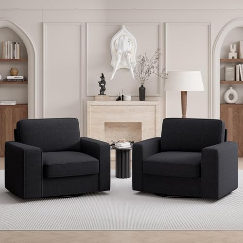 Nebuaegis Swivel Accent Sofa Chair Set of 2, 360 Degree Rotation 36'' Width Oversized Wingback Armchair Linen Fabric Single Thick Cushion Soft Living Room, Office Black