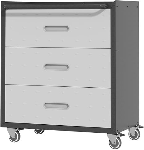 BIZOEIRON Armadio per attrezzi, in metallo con ruote, armadio da garage con 3 cassetti, mobile da officina, montaggio necessario, nero e grigio