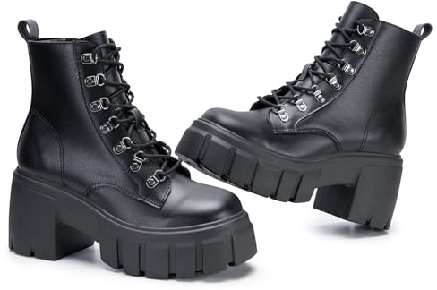 FITORY Womens Combat Boots Ankle Booties Lace up High Heel, Black Size 7