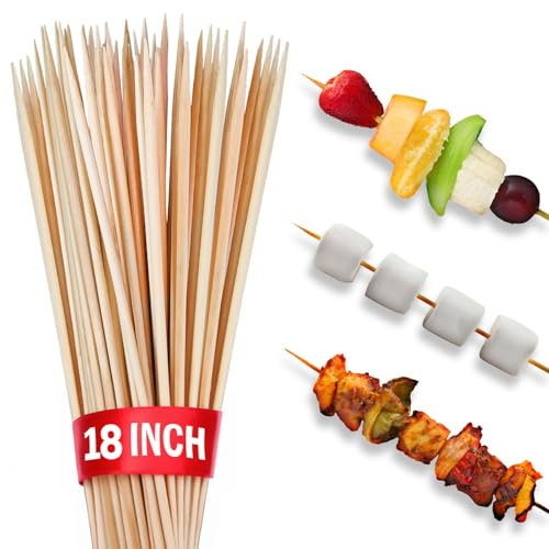 100pcs 18 long Bamboo Skewers Sticks for BBQ Kabob Grilling Barbecue Marshmallow Roasting Stick 4mm Thick Wooden Smore Sticks Craft (18 inch)