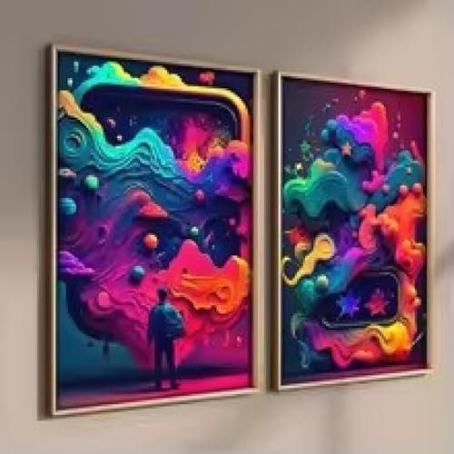 XBTYKPB Pop 80er Jahre, bunt, Punk, Neon, Gamer-Controller, Videospiele, Leinwanddrucke, Poster, Wand, Esports, Spielzimmer, Dekoration, Gemälde, 50 x 70 cm x 2, mit Rahmen