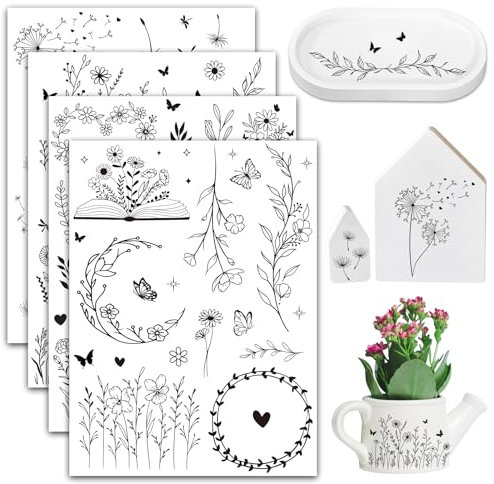 BOOMTOP 4 Blatt Rub On Sticker Schwarze Blumen Transferaufkleber Selbstklebend Frühling Aufkleber Pusteblume Pflanzen Rub On Folie Blume Schmetterling Rub Ons Flowers für Glas Holz Möbel Keramik