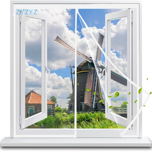 Magnetic Screen Window 140x225cm White Reinforced Heavy Duty Mesh Screen Doors Magnets, Full Frame Seal Retractable Door Magnetic Closure for Single Front Patio Sliding Door