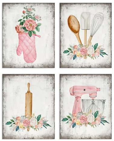 Dazzlewall 4er Set Vintage Rustikale Blumen Küche Wandbilder, Rosa Florale Leinwand Bilder mit Löffel Mixer Handschuhe Kunstwerk Deko für Küche Esszimmer 20×25 cm Ungerahmt