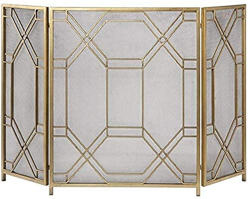 KOIAMVZW Spark Protection 3 Panel Gold Fireplace Screen Fire Place Doors, Wrought Iron Classic Fire Place Gate Screens Outdoor Decor Mesh, Tall 85cm decoration