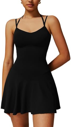 OMEWEE Sportkleider Damen Tenniskleid mit Integrierten BH und Shorts Ärmelloses Golf Kleider Rückenfreies Yoga Athletic Trainingskleid mit Taschen