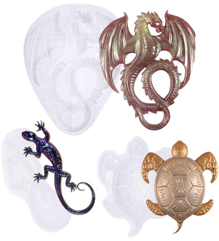 Lot de 3 moules en silicone pour résine, résine époxy, moules en silicone animaux avec formes réalistes de grenouille, lézard et dragon volant, loisirs créatifs