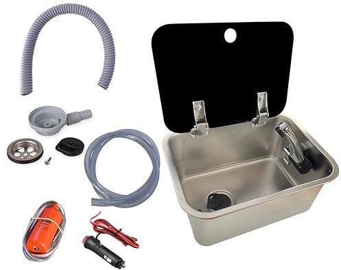 XENPER® KIT COMPLETO Fregadero Camper tapa 36x27x15 – Ideal para Kit Camper Furgoneta, Lavabo Caravana y Cocina Camper, Ideal para Muebles Camper (KIT GRIFO DERECHA)
