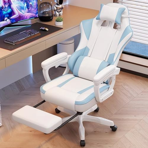 Ergonomique Chaise Gaming, Chaise de Bureau Adultes Enfants, Pivotantes À 360°, Hauteur Réglable, Accoudoirs Coulissants Intégrés, Coussin en Latex Intégré, Bleu + Blanc