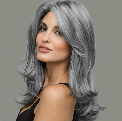 Dsimeig Damen Silber Grau lange Perücke mit Bangs Hitzebeständige synthetische tägliche Party Kostüme