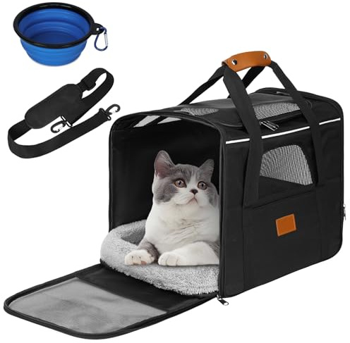 Alaoo Katzentragetasche Mit Verstellbarem Schultergurt, Schwarz | Katzen Atmungsaktive Hundetasche Transportbox mit Faltbare Schale und Weiches Kissen für große Katzen und Welpen bis 7kg