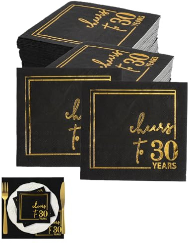 LOLANIUT 50 Stück Servietten 30. Geburtstag, Schwarz Gold Geburtstag Deko Servietten, 3-Lagig Papierservietten für Tischdeko, Happy Birthday Serviettens für Männer und Frauen, servietten Schwarz